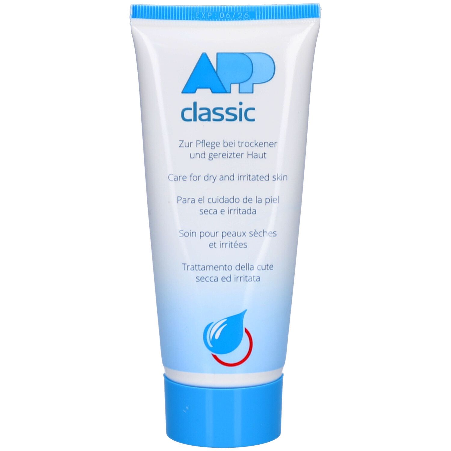 Weiße Tube mit blauem Verschluss. Aufschrift: APP classic. Text in mehreren Sprachen. Tropfen-Logo.