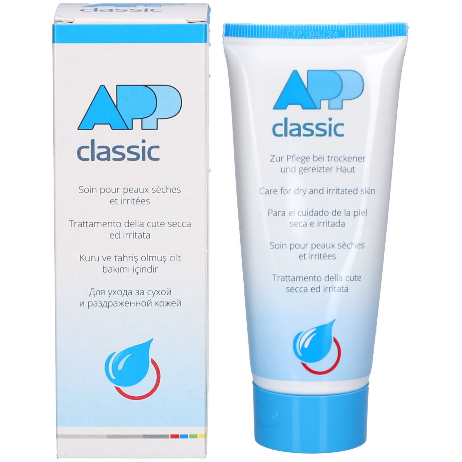Produktverpackung: Tube und Karton. Aufschrift: APP classic. Text in mehreren Sprachen. Tropfen-Logo.