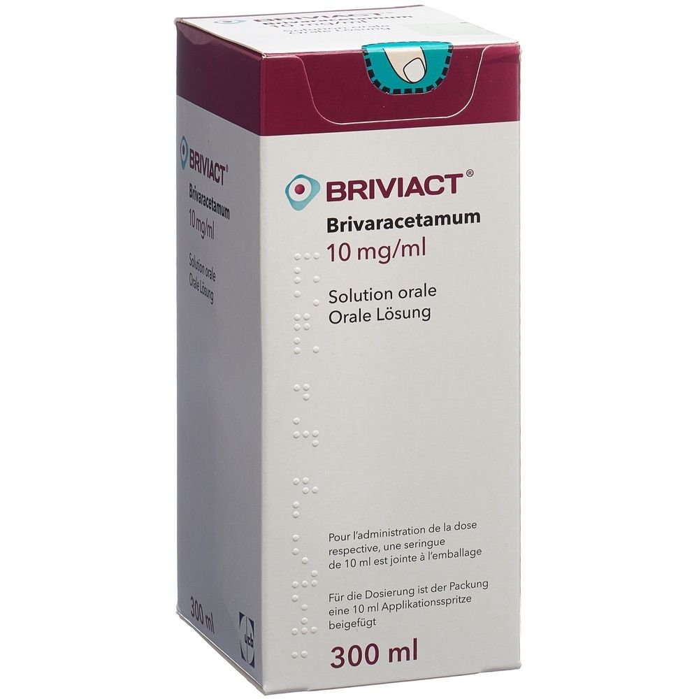 Boîte de BRIVIACT. Inscription: Brivaracetamum 10 mg/ml, solution buvable. 300 ml. Seringue d'application incluse.