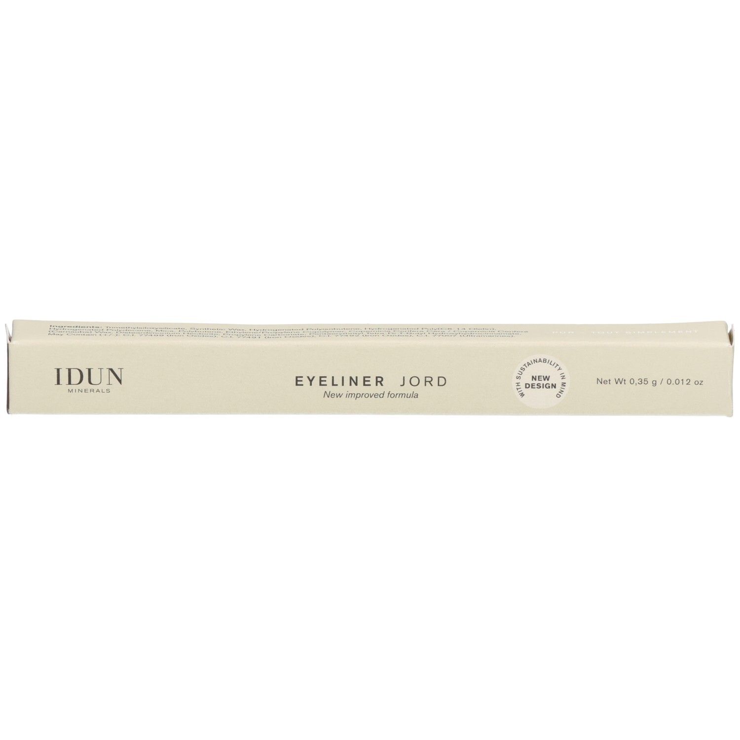 IDUN Minerals Eyeliner Jord Verpackung mit Text 'New improved formula' und 'New Design'.