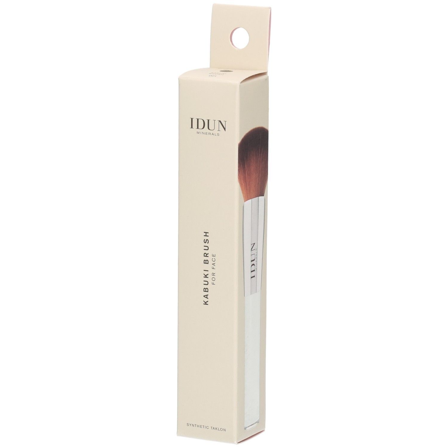 IDUN Minerals Kabuki Pinsel für das Gesicht in Verpackung. Weißer Griff, braune Borsten.