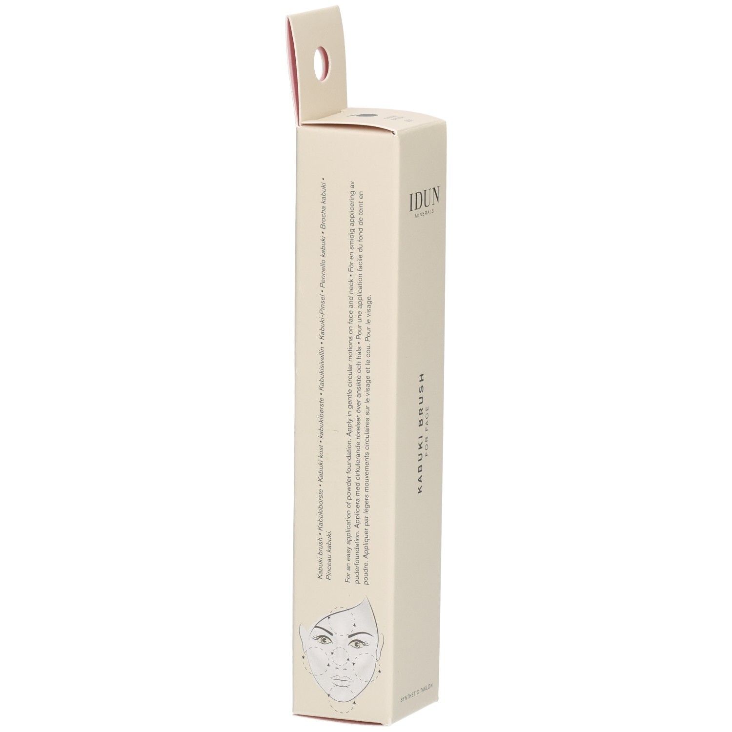 IDUN Minerals Kabuki Brush Verpackung mit Anwendungsanleitung und Gesichtsgrafik.