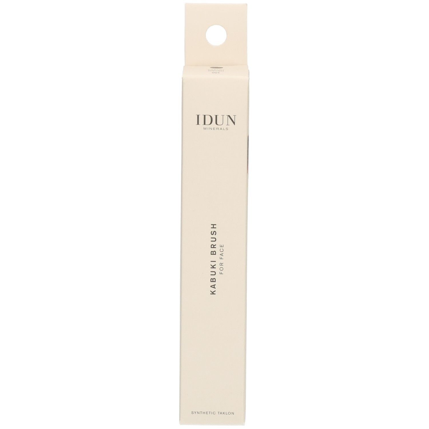 IDUN Minerals Kabuki Brush for face Verpackung. Helle Kartonverpackung mit Produktnamen und Logo.