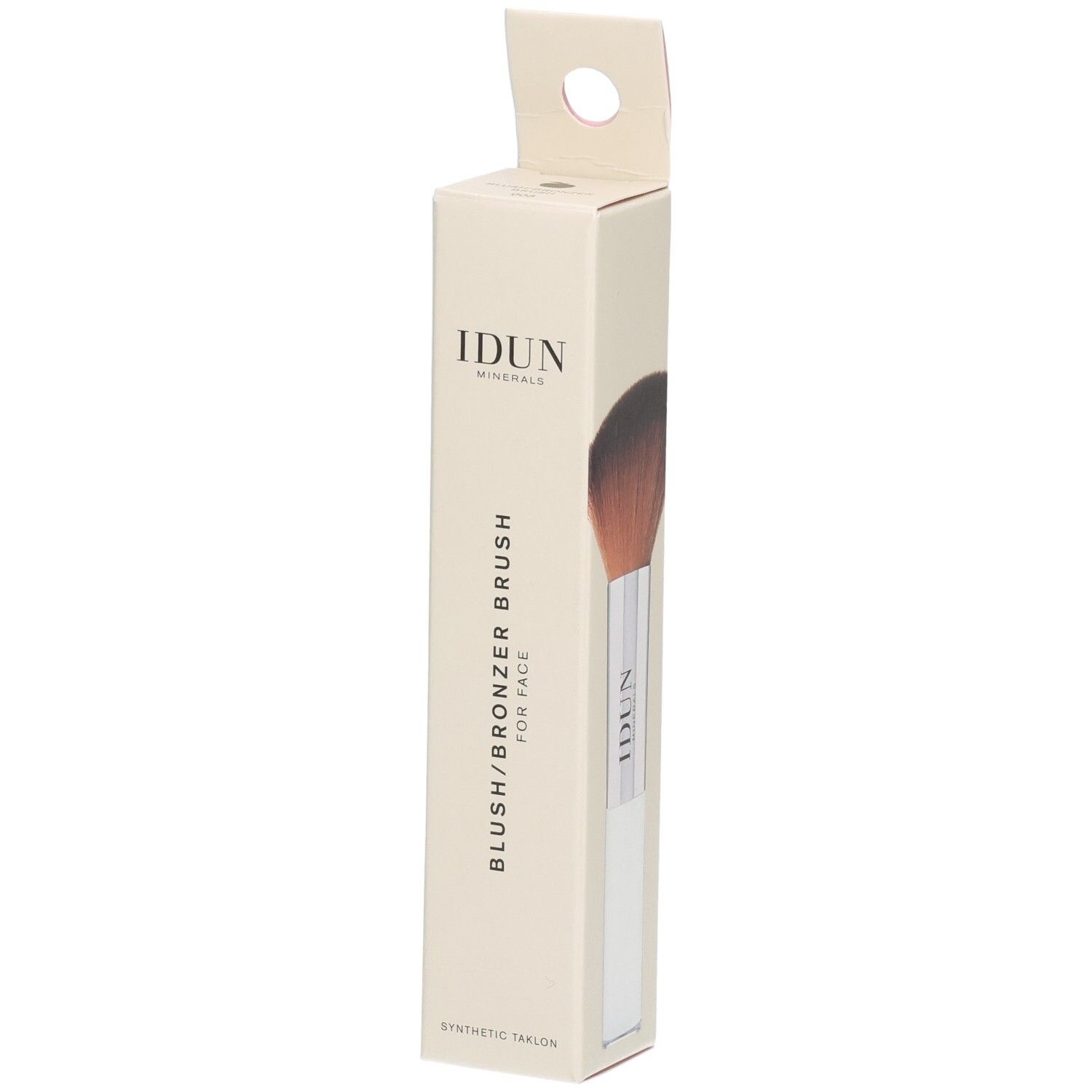 Blush-Pinsel in Verpackung. Weißer Griff, braune Borsten. Aufschrift: IDUN Minerals, Blush/Bronzer Brush.