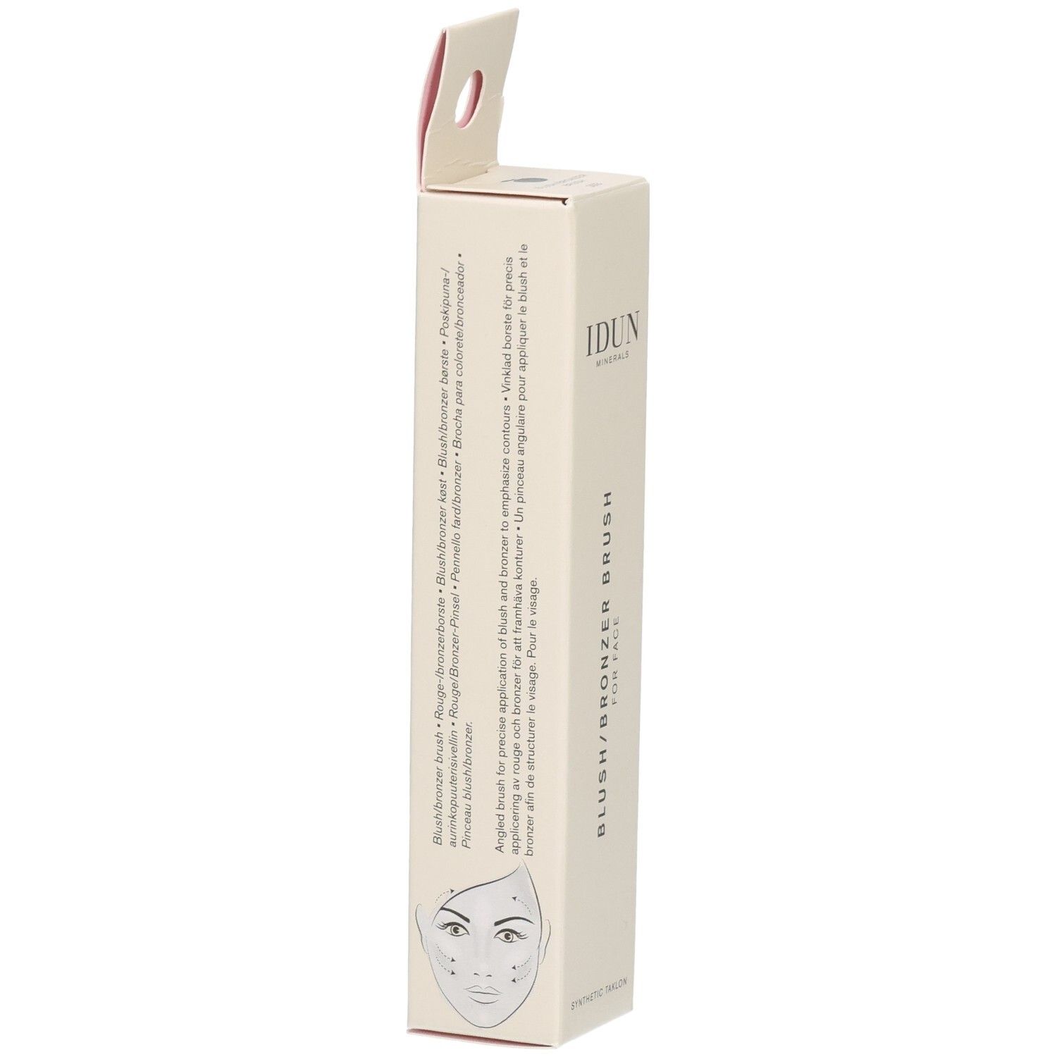 Verpackung mit Pinsel. Aufschrift: IDUN Minerals, Blush/Bronzer Brush. Text über Anwendung. Gesichtsskizze mit Markierungen.