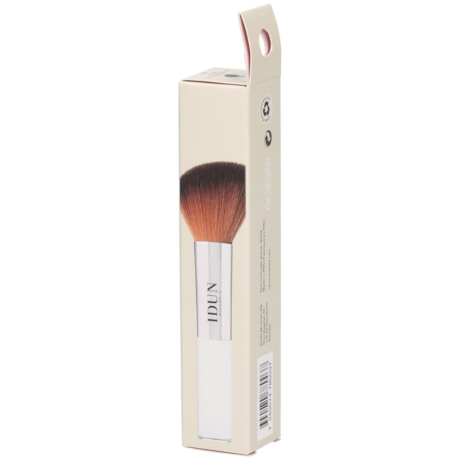 Blush-Pinsel in Verpackung. Weißer Griff, braune Borsten. Aufschrift: IDUN Minerals, Blush/Bronzer Brush.