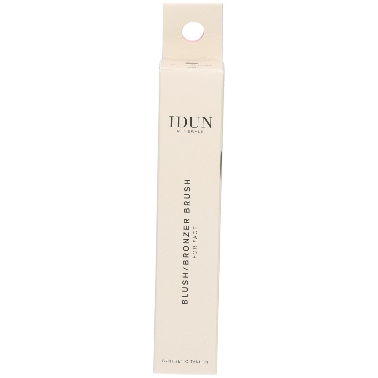 Verpackung mit Pinsel. Aufschrift: IDUN Minerals, Blush/Bronzer Brush. Text: Synthetic Taklon.