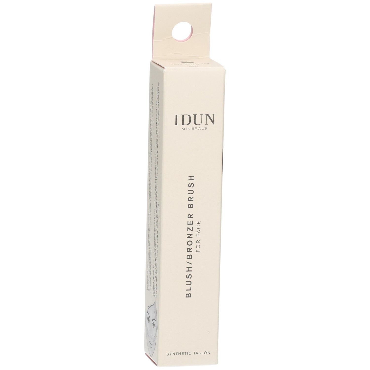 Verpackung mit Pinsel. Aufschrift: IDUN Minerals, Blush/Bronzer Brush. Text: Synthetic Taklon. Gesichtsskizze.