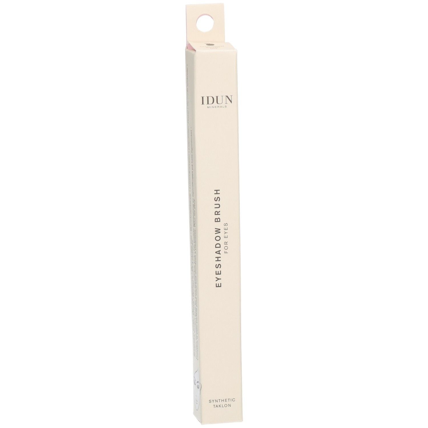 Pinceau fard à paupières IDUN dans son emballage. Inscription: Eyeshadow Brush for Eyes. Manche blanc.
