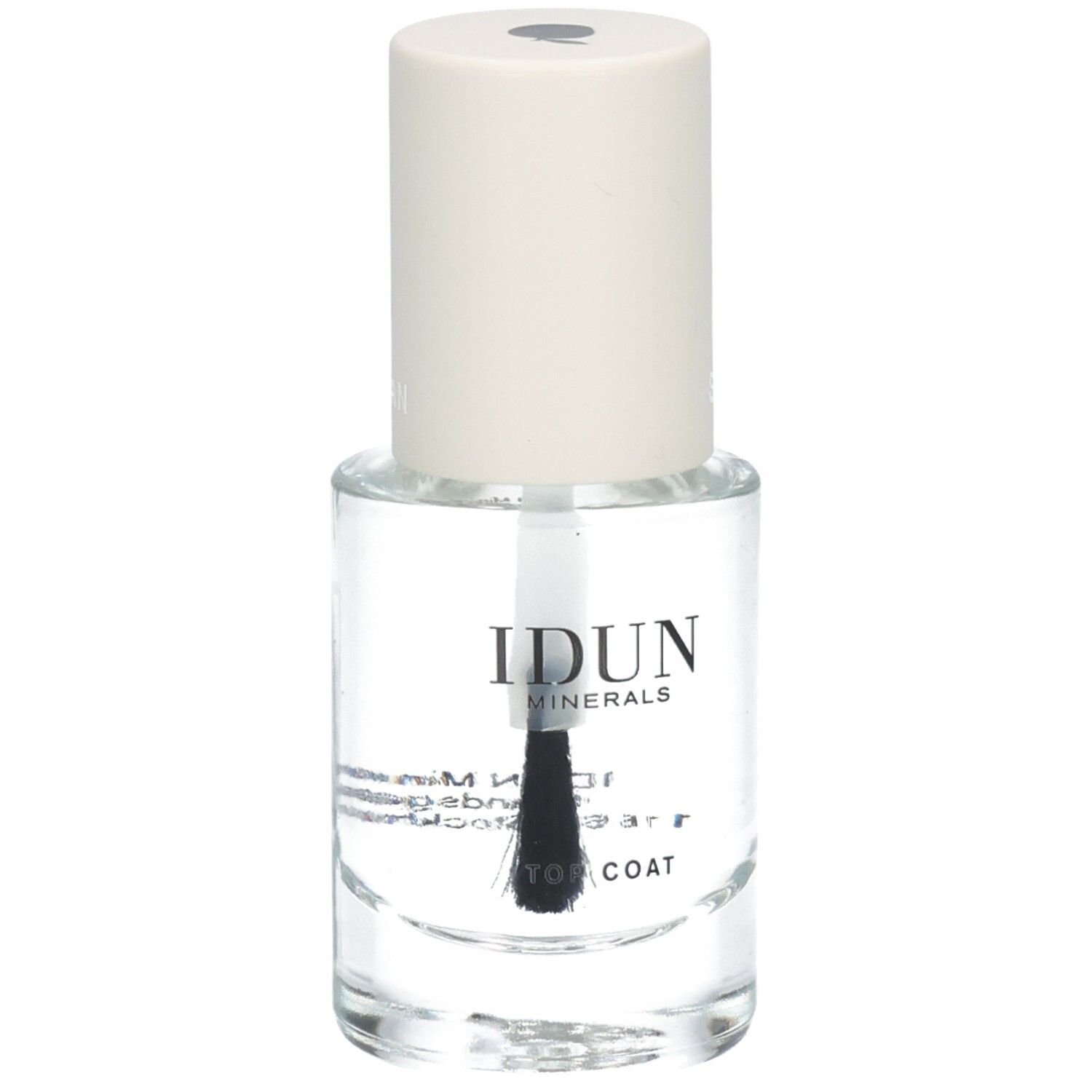 Flacon de vernis à ongles transparent avec bouchon blanc. Inscription : IDUN Minerals, Top Coat. Pinceau visible.