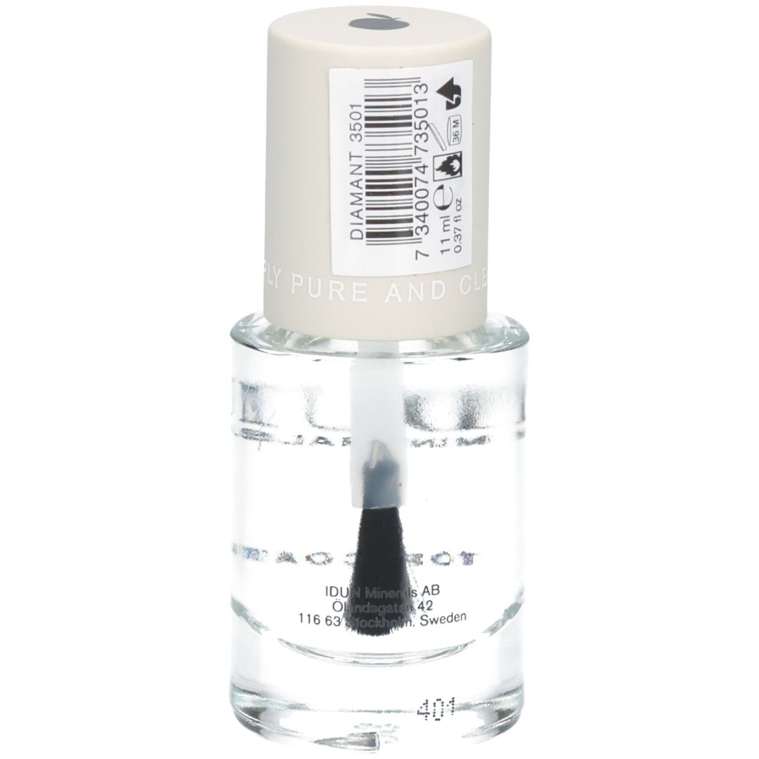 Flacon de vernis à ongles avec bouchon blanc. Inscription : DIAMANT 3601, IDUN Minerals. Pinceau visible. Étiquette.