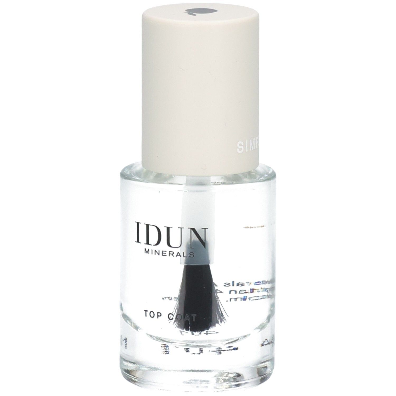 Flacon de vernis à ongles transparent avec bouchon blanc. Inscription : IDUN Minerals, Top Coat. Pinceau visible.