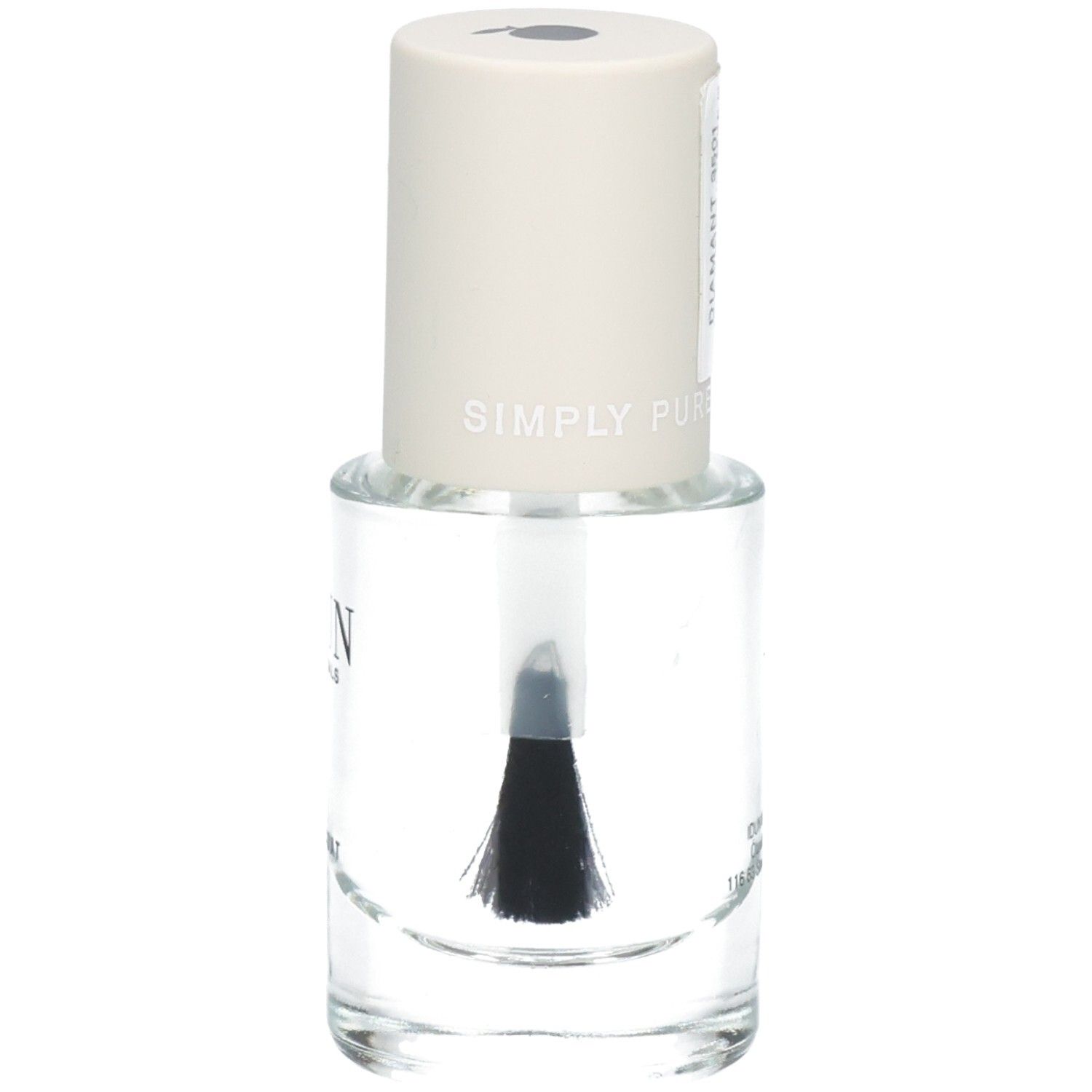 Flacon de vernis à ongles avec bouchon blanc. Inscription : IDUN Minerals. Pinceau visible. Étiquette avec informations.