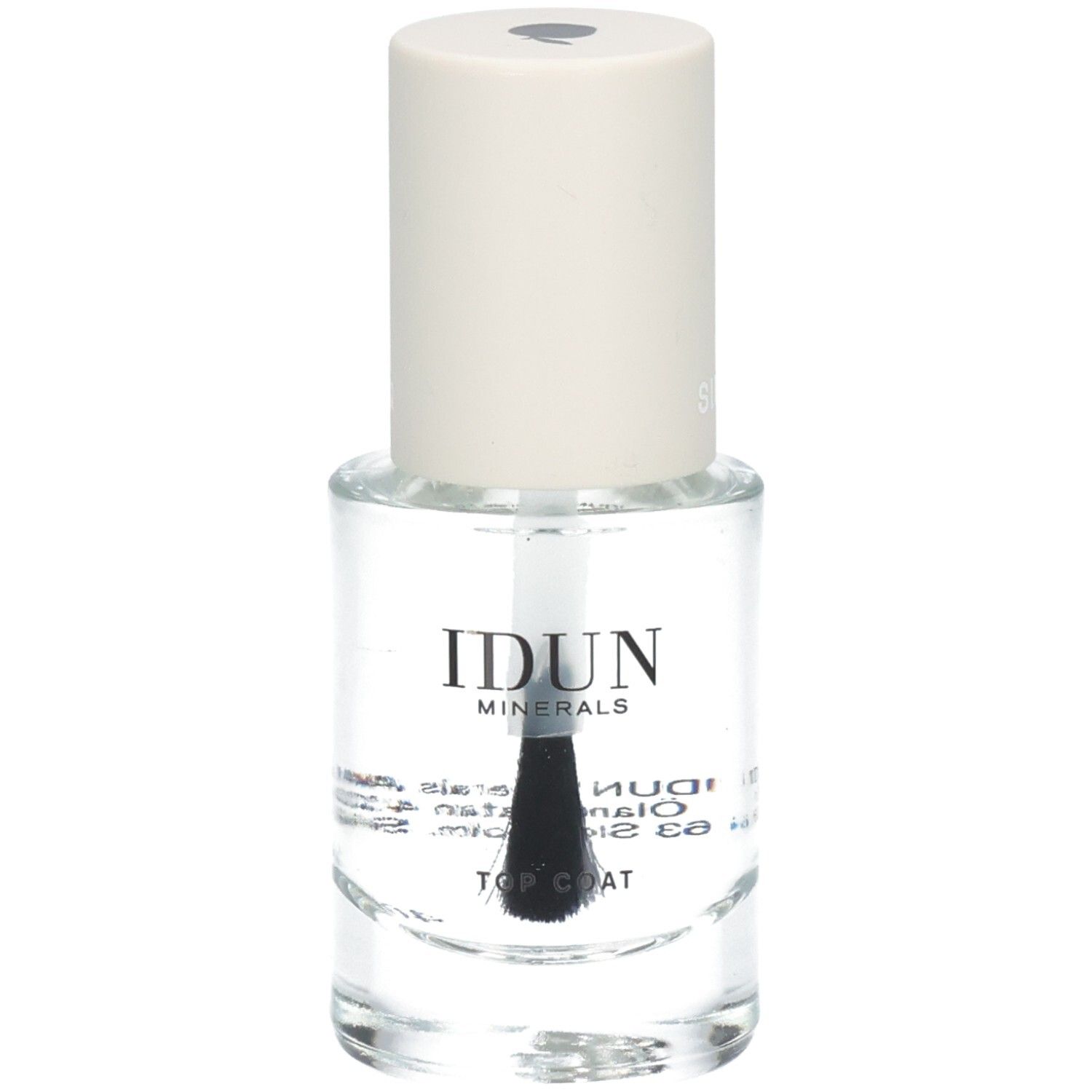 Flacon de vernis à ongles transparent avec bouchon blanc. Inscription : IDUN Minerals, Top Coat. Pinceau visible.