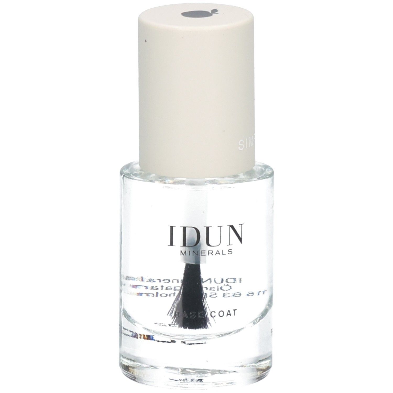 Klare Nagellackflasche mit schwarzem Pinsel. Aufschrift: IDUN Minerals, Base Coat.
