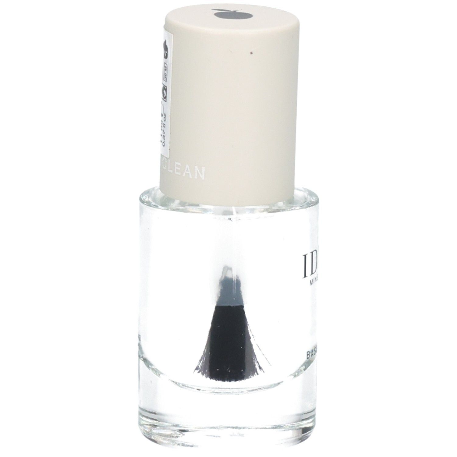 Klare Nagellackflasche mit schwarzem Pinsel. Aufschrift: IDUN Minerals.