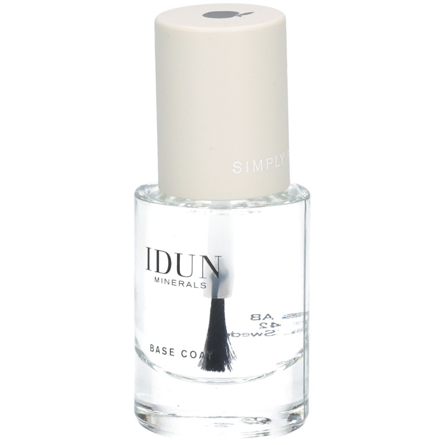 Klare Nagellackflasche mit schwarzem Pinsel. Aufschrift: IDUN Minerals, Base Coat.