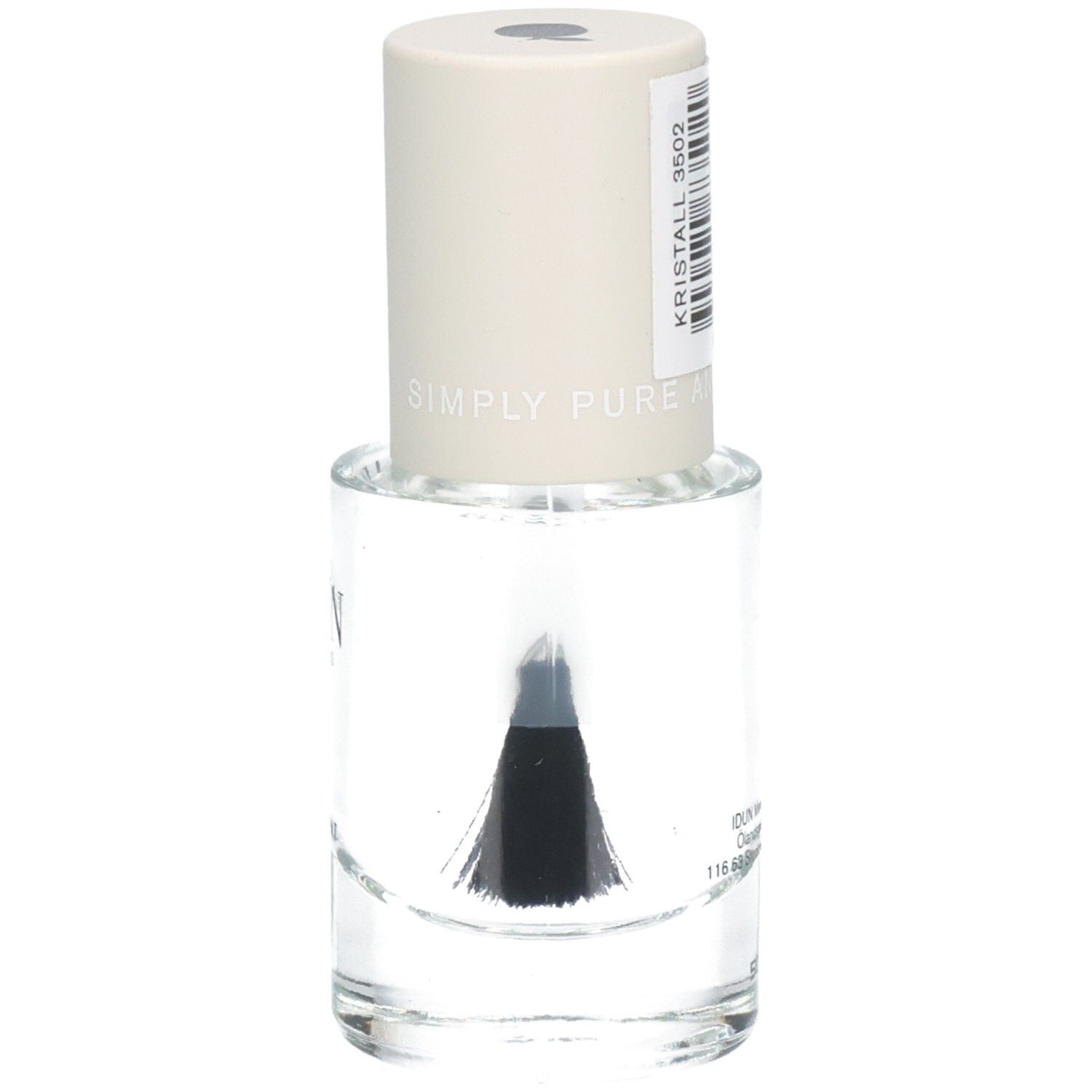 Klare Nagellackflasche mit schwarzem Pinsel. Aufschrift: Kristall 3502.