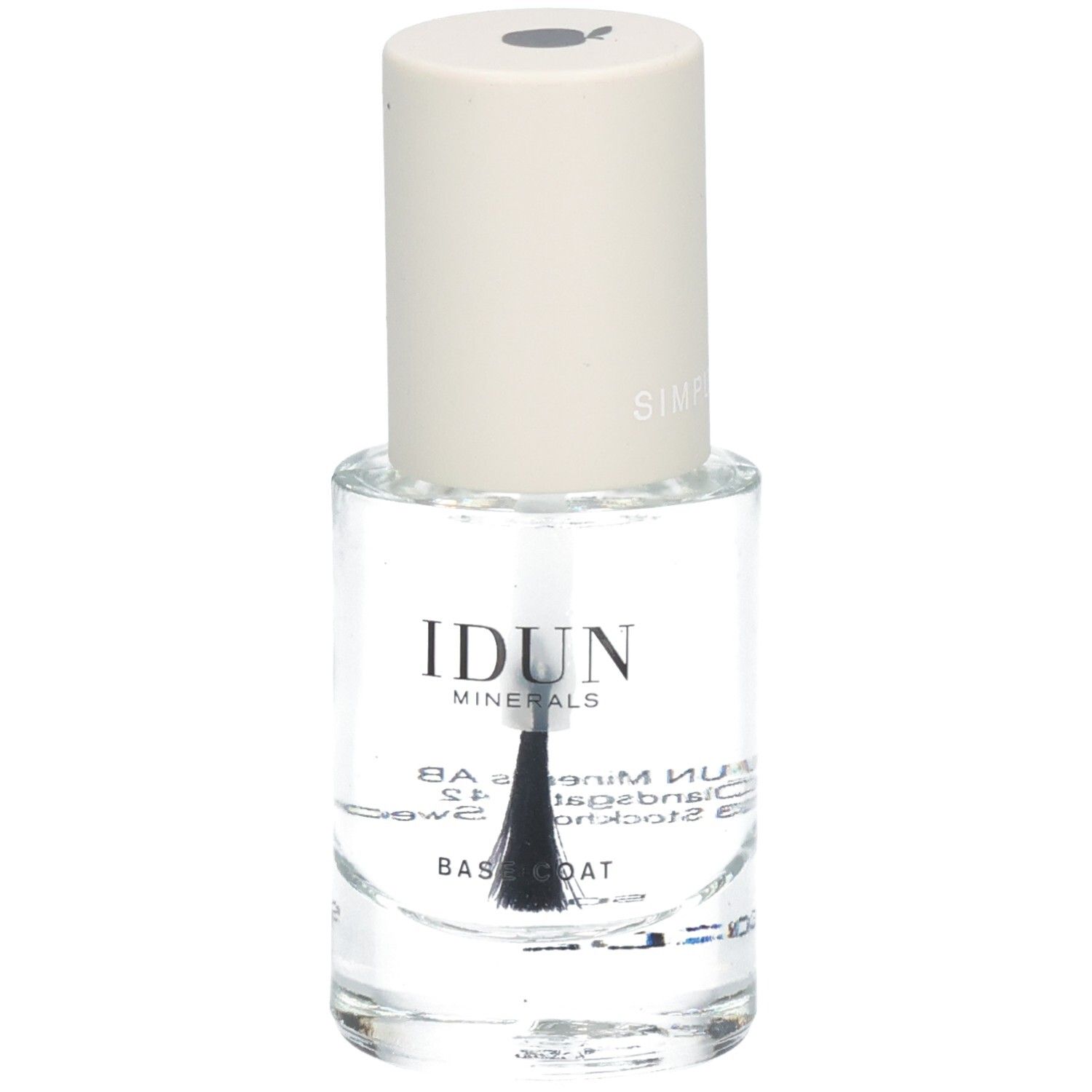 Klare Nagellackflasche mit schwarzem Pinsel. Aufschrift: IDUN Minerals, Base Coat.