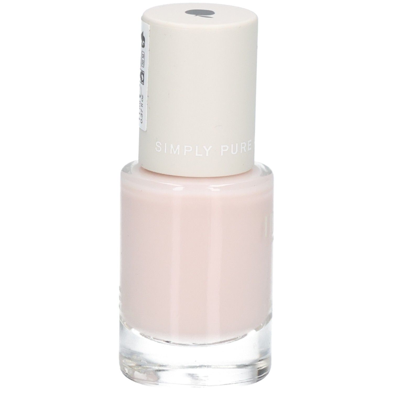 Ein hellrosa Nagellack in einer Glasflasche mit weißem Deckel. "SIMPLY PURE" ist auf dem Deckel eingraviert.