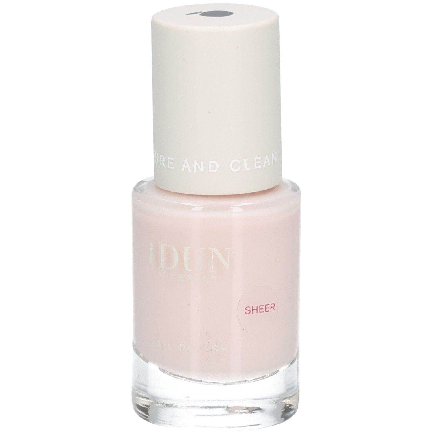 IDUN Nagellackflasche in zartem Rosa mit weißem Deckel. Text auf Flasche: 'IDUN', 'SHEER'. Text auf Deckel: 'PURE AND CLEAN'.