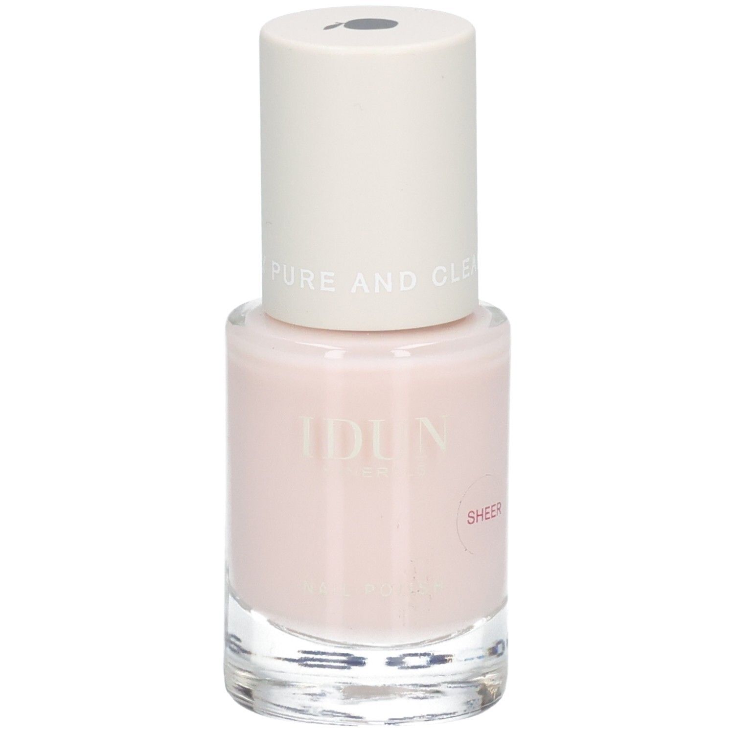 IDUN Minerals Nagellack in zartrosa, Sheer-Finish, in Glasflasche mit weißem Deckel.