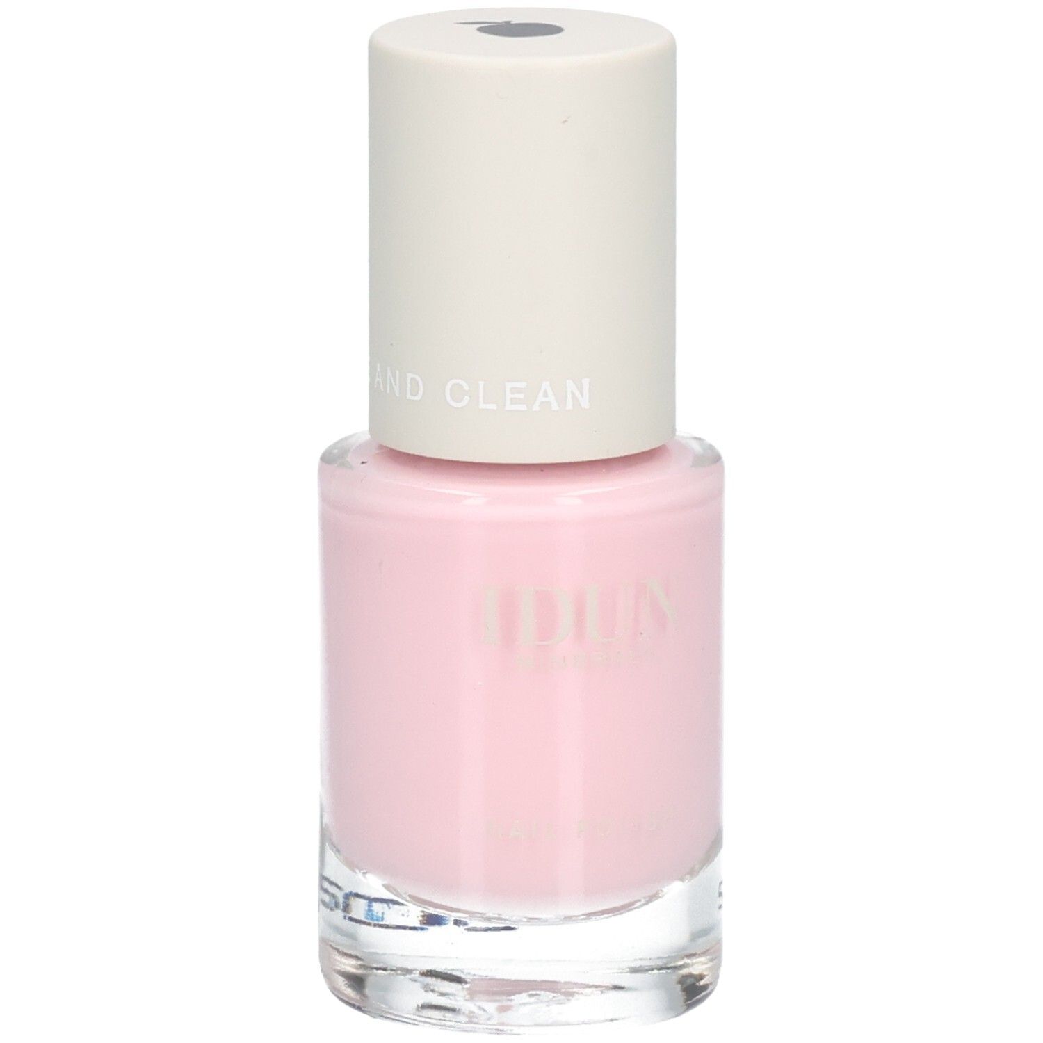 Flacon de vernis à ongles rose avec bouchon blanc. "AND CLEAN" est inscrit sur le col.