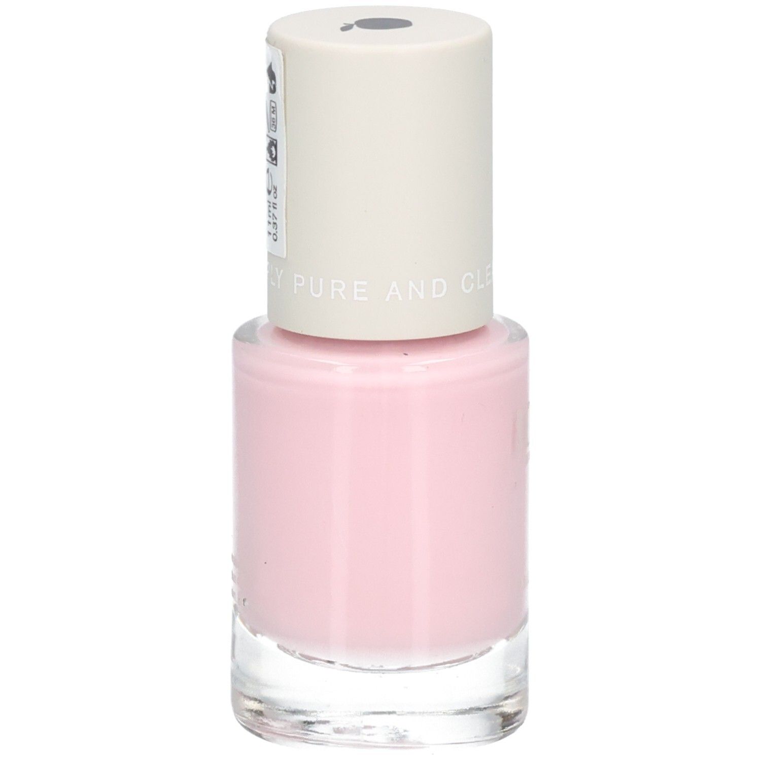 Flacon de vernis à ongles rose avec bouchon blanc. Informations et symboles sur le bouchon.