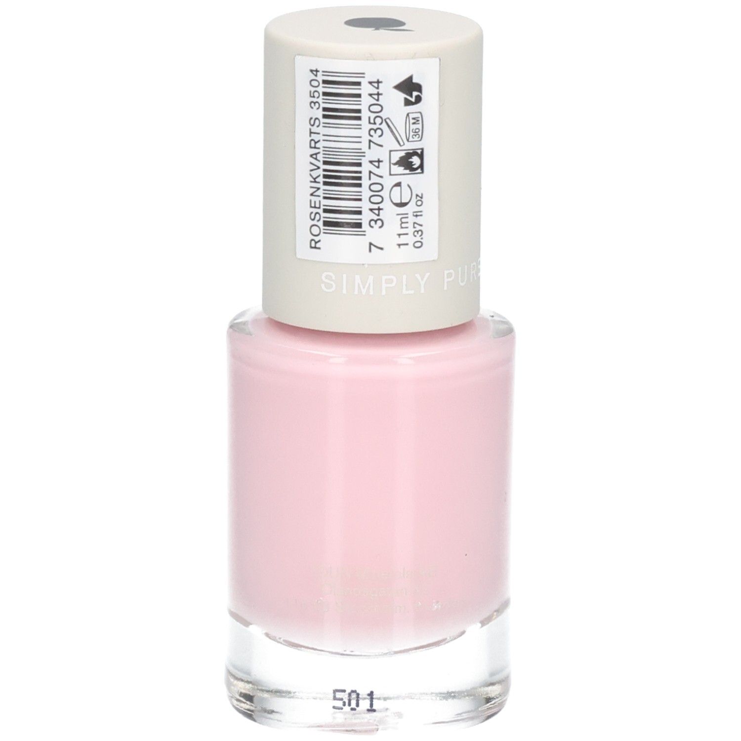 Flacon de vernis à ongles rose avec bouchon blanc. Informations sur le bouchon, comme "ROSENKVARTS 3504".