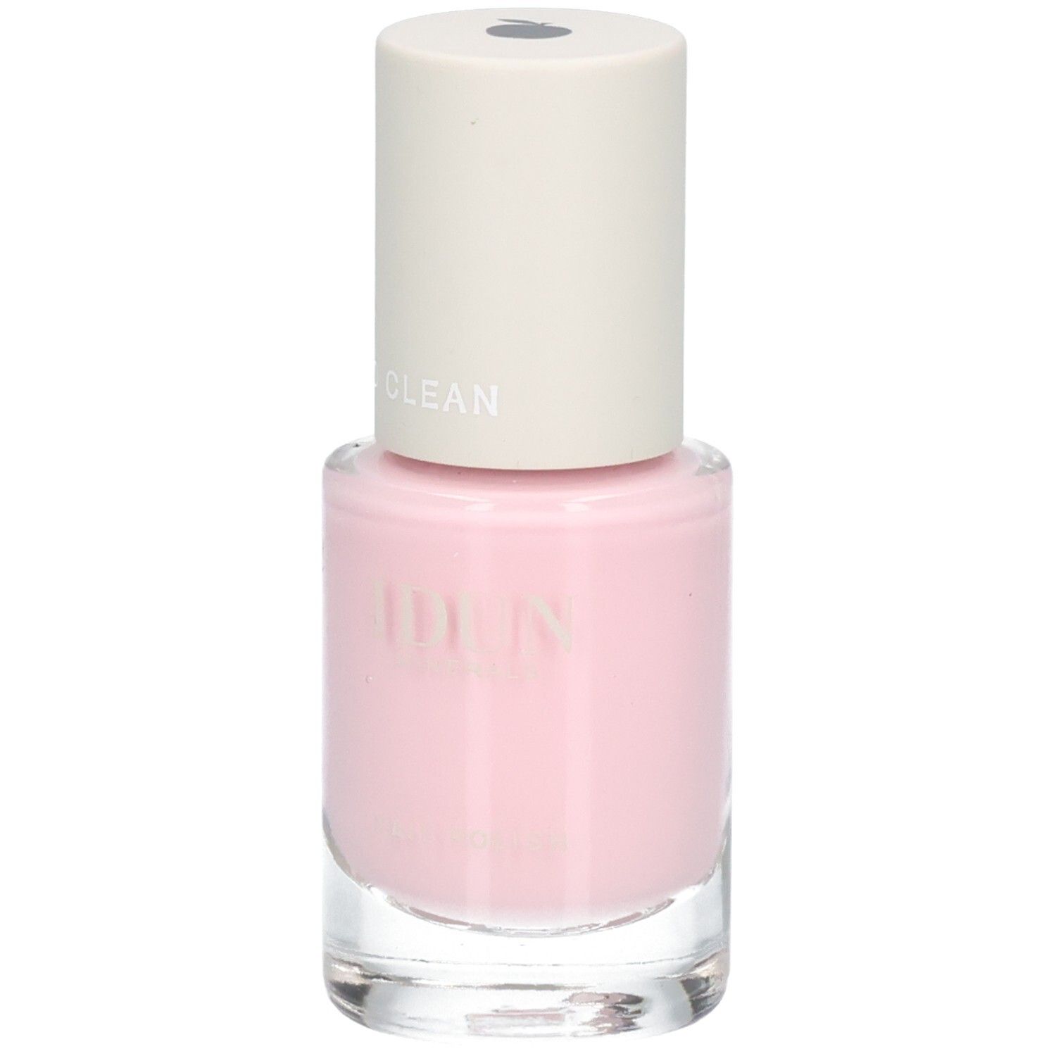 Flacon de vernis à ongles rose avec bouchon blanc. "IDUN" et "SIMPLY PURE AND CLEAN" sur le flacon.