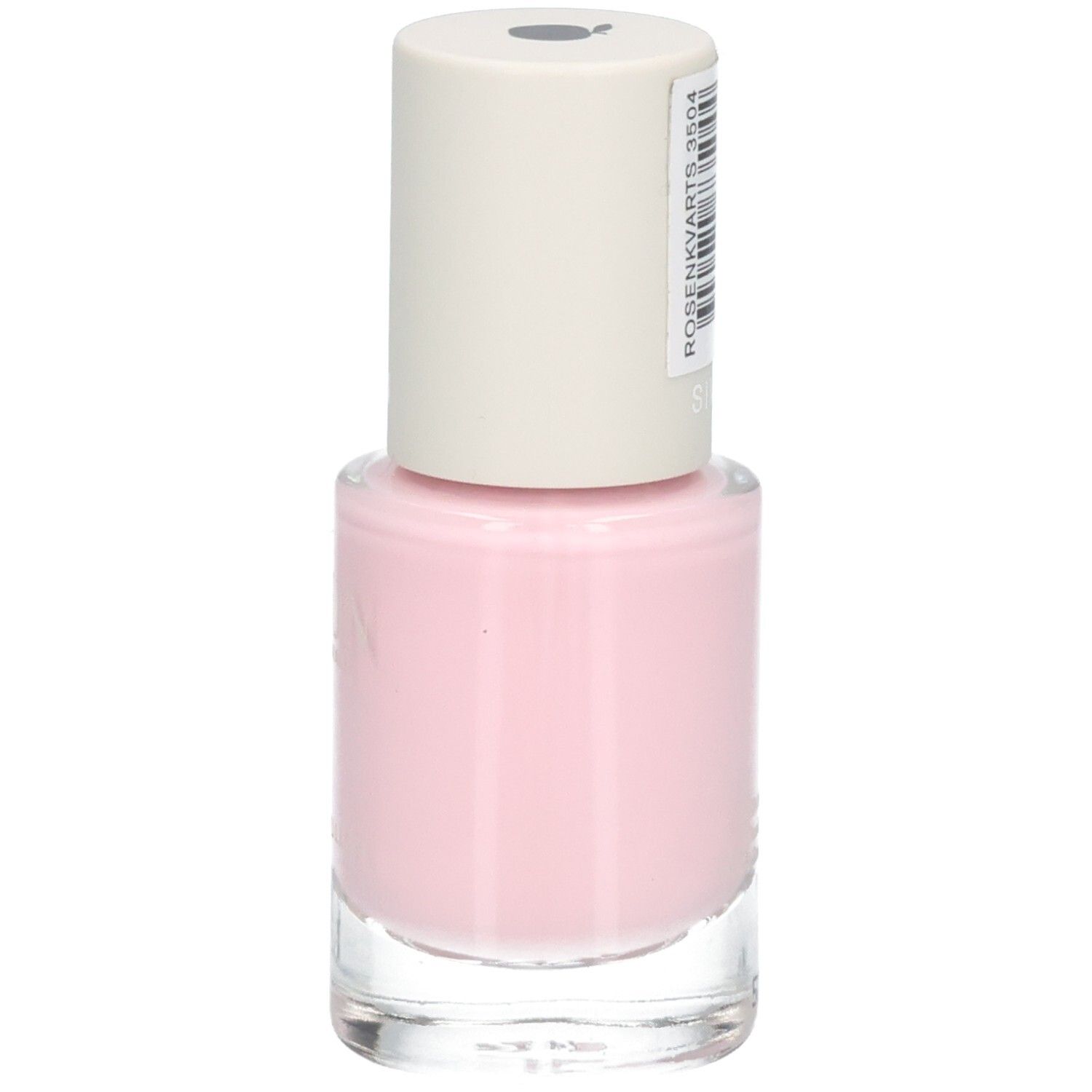 Flacon de vernis à ongles rose avec bouchon blanc. "ROSENKVARTS 3504" sur le bouchon.