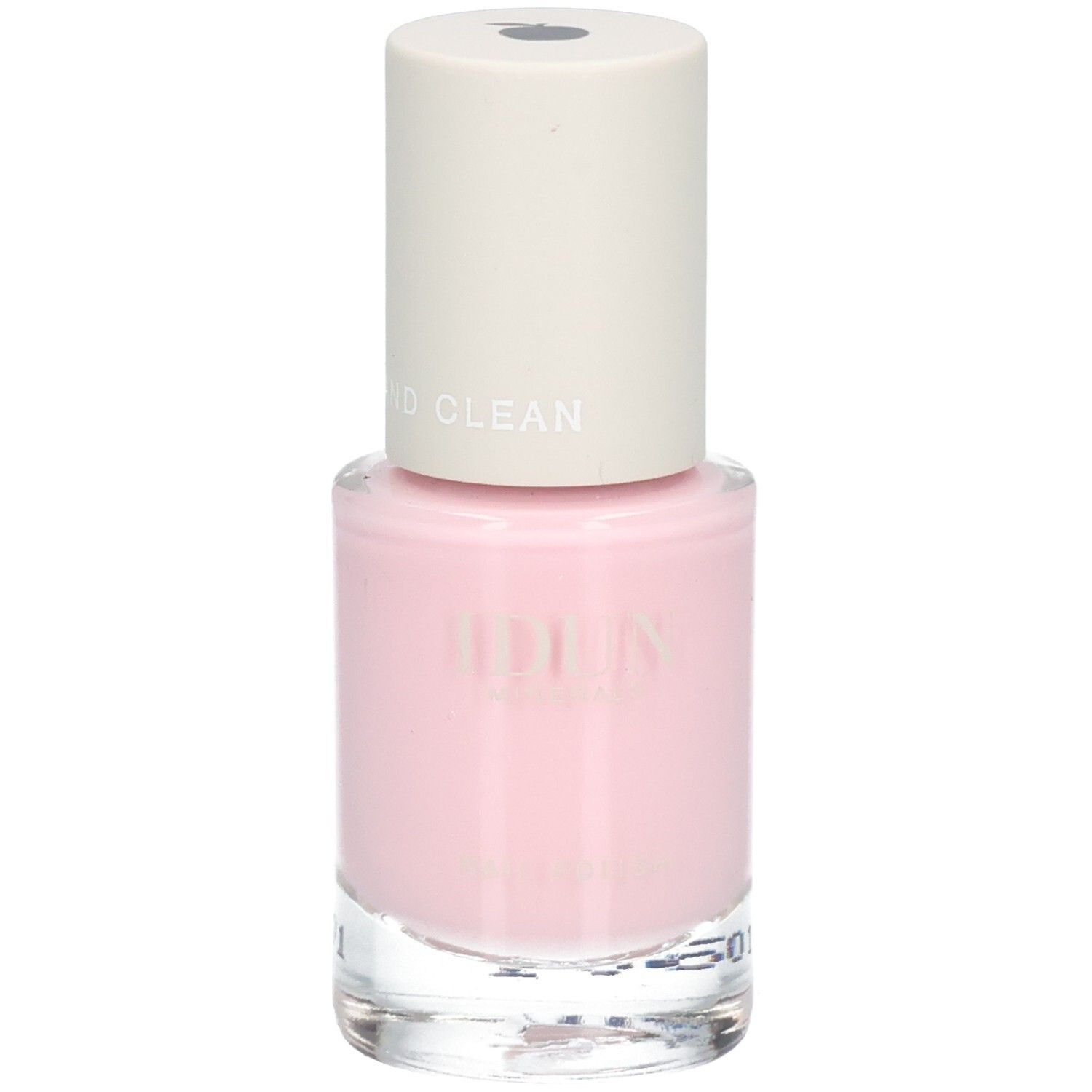 Flacon de vernis à ongles rose avec bouchon blanc. "IDUN" et "SIMPLY PURE AND CLEAN" sur le flacon.