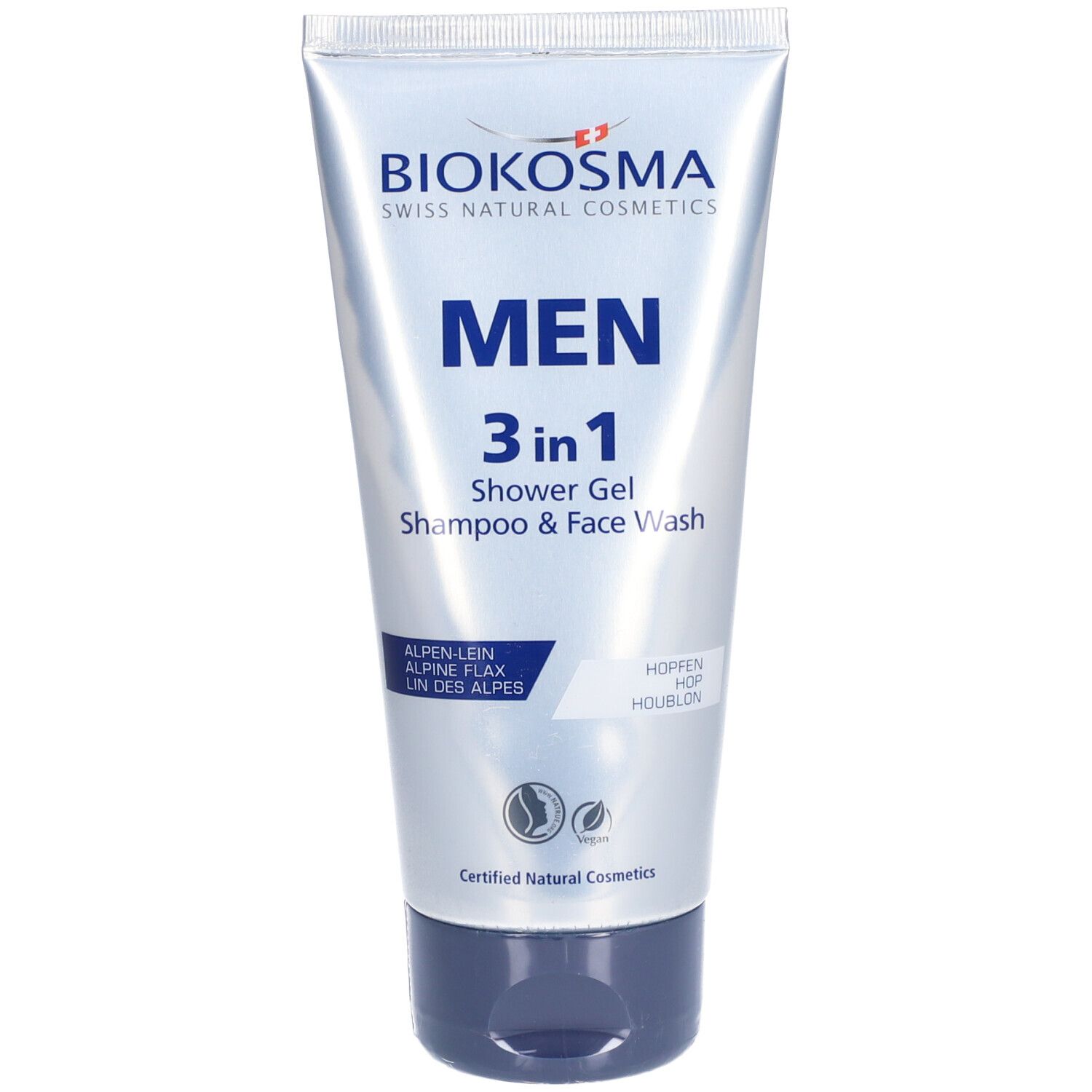 Silberne Tube mit blauem Deckel. Aufschrift: BIOKOSMA MEN 3 in 1 Shampoo & Face Wash. Vegan. Zertifiziertes Naturkosmetik.