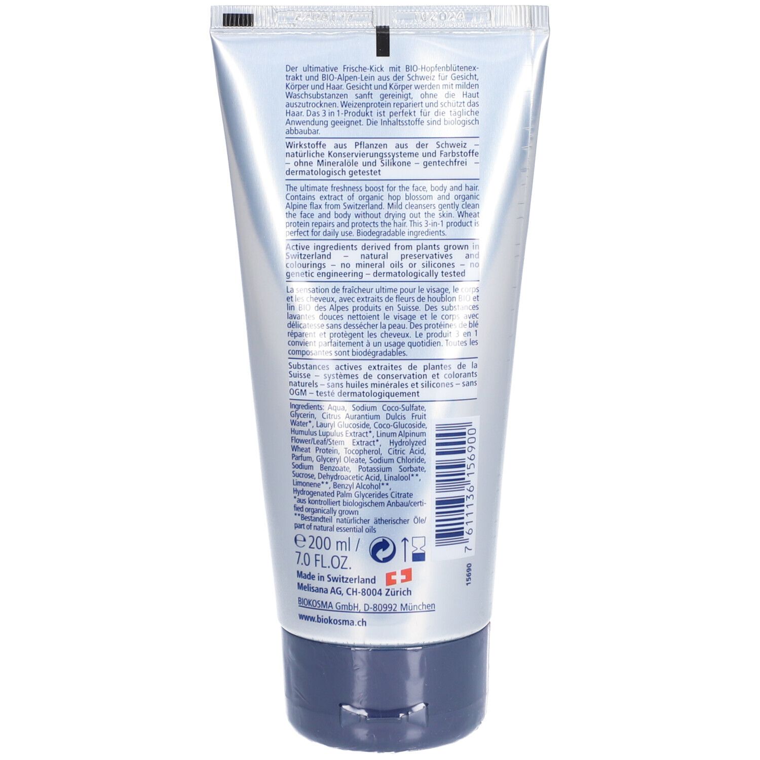 Rückseite der Tube. Text in Deutsch und Englisch. Inhaltsstoffe und Herstellerangaben. Blaue Kappe. 7.0 FL.OZ.