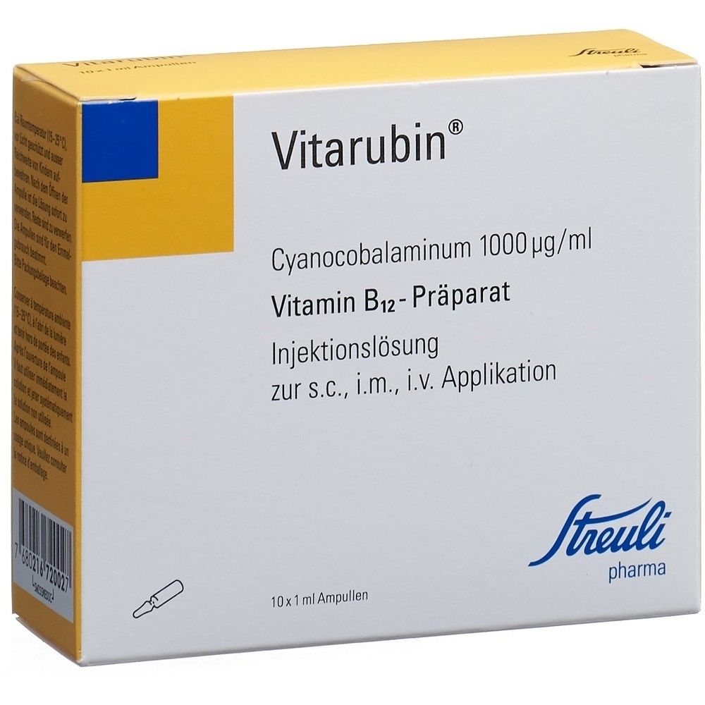 Karton mit gelber und blauer Beschriftung. Aufschrift: VITARUBIN Inj. Lös. 1000 mcg/ml. Packung mit Ampullen.