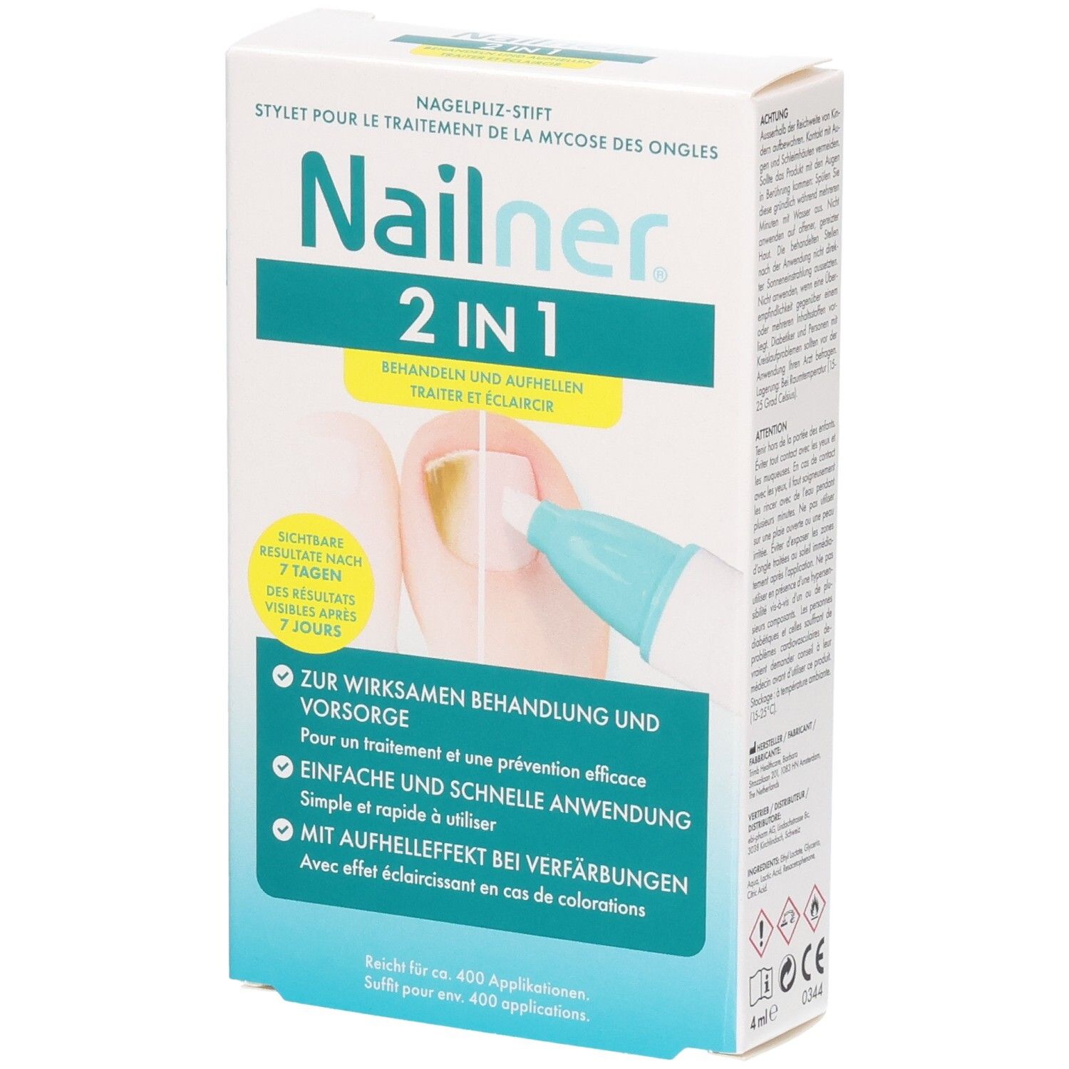 Nailner 2-in-1 Stift-Verpackung mit Abbildung einer Nagelbehandlung und Anwendungshinweisen.