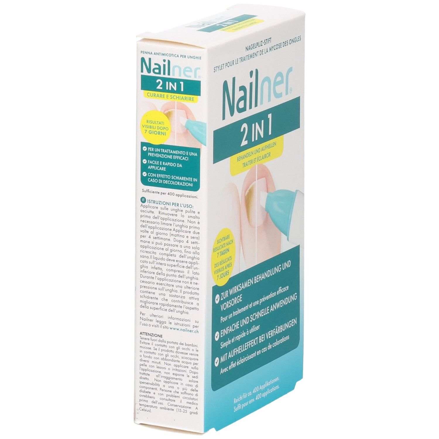 Nailner 2-in-1 Stift-Verpackung, Seitenansicht mit detaillierten Anwendungshinweisen auf Deutsch.