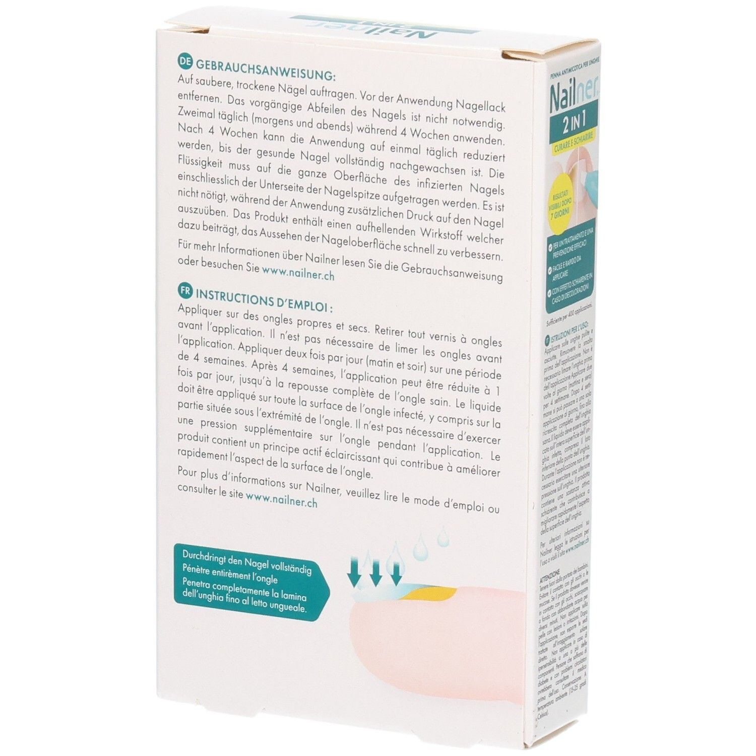 Rückseite der Nailner 2-in-1 Stift-Verpackung mit Anwendungshinweisen und Illustration.