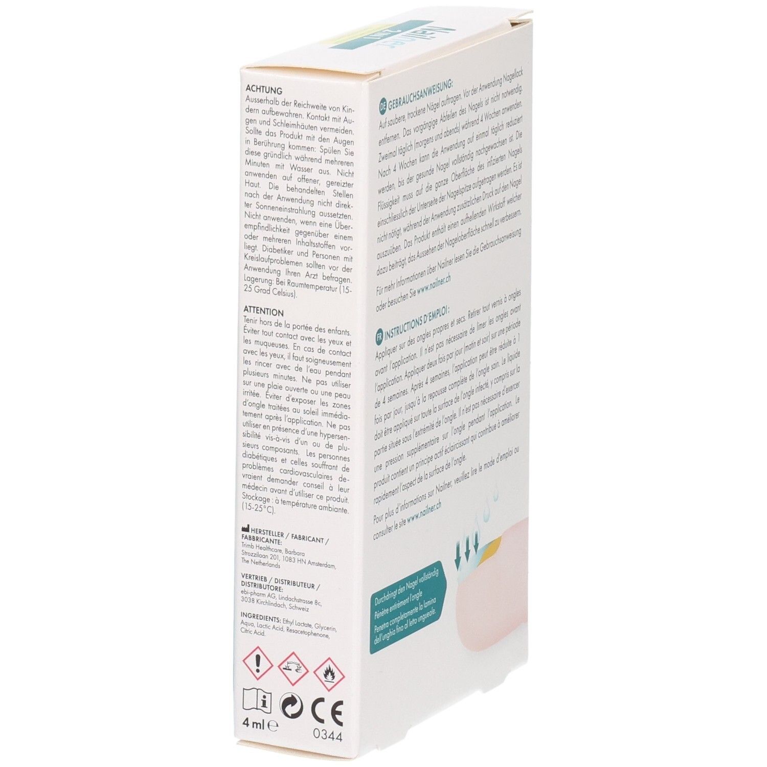 Seitenansicht der Nailner 2-in-1 Stift-Verpackung mit Warnhinweisen und Produktinformationen.
