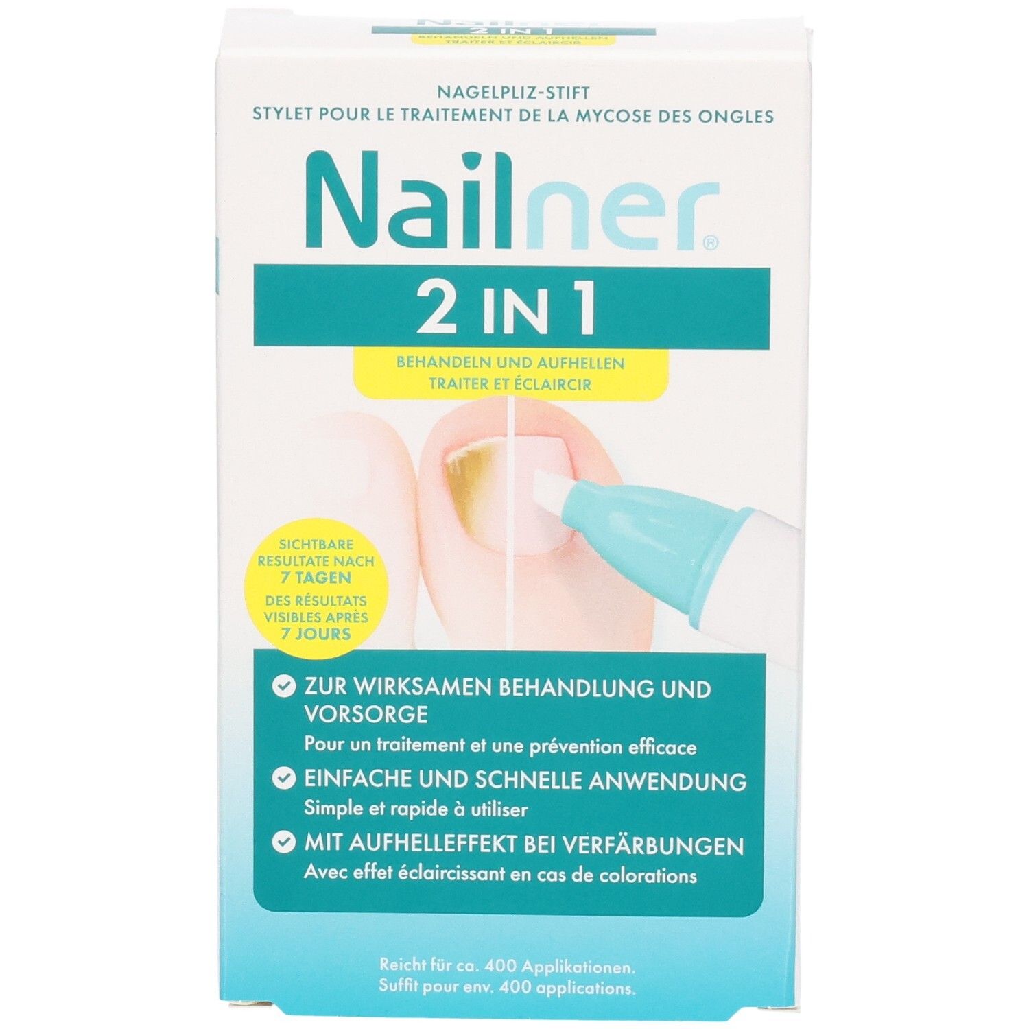 Nailner 2-in-1 Stift-Verpackung mit Abbildung einer Nagelbehandlung und Anwendungshinweisen.