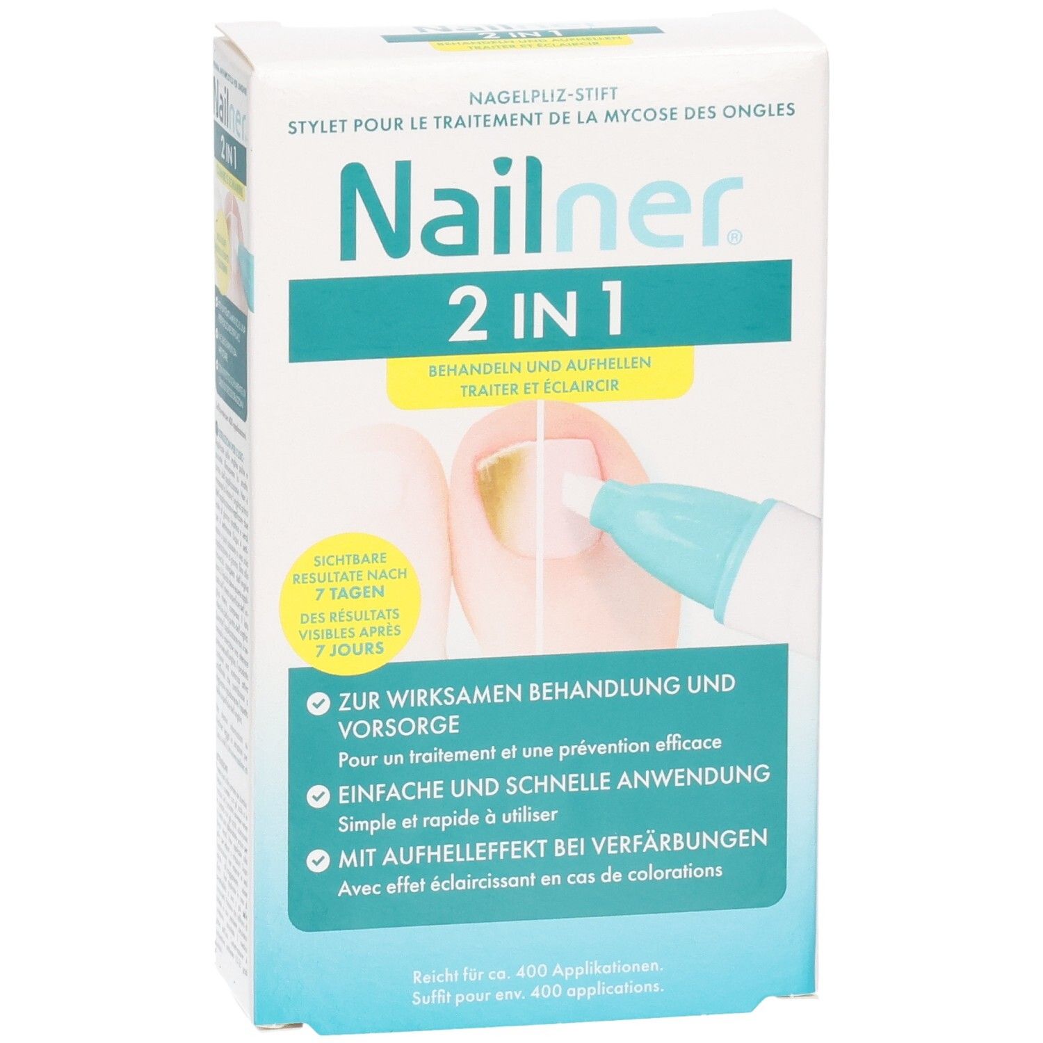 Vorderseite der Nailner 2-in-1 Stift-Verpackung mit Produktmerkmalen und Anwendung.