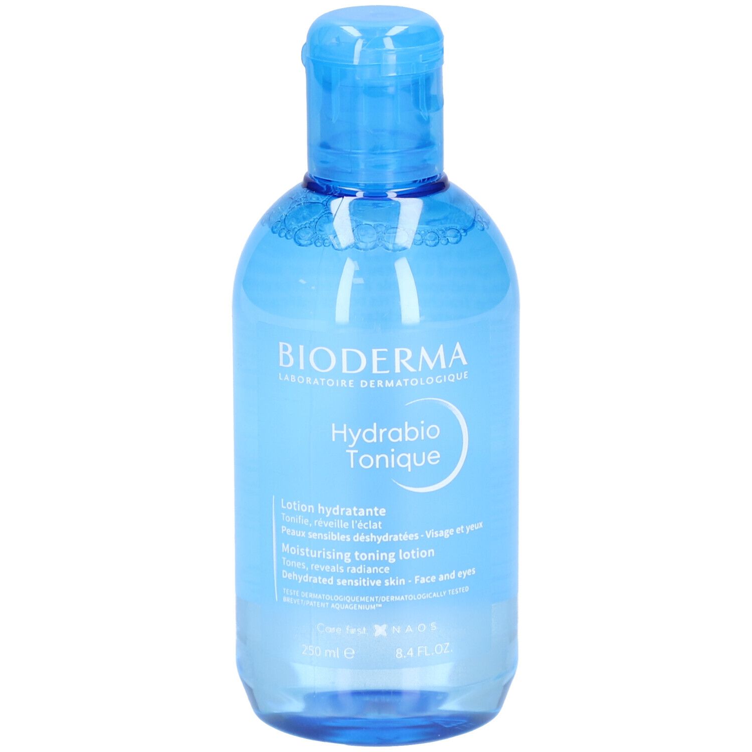 Flacon bleu transparent avec bouchon bleu. Inscription : BIODERMA, Hydrabio Tonique. Lotion hydratante. 250 ml.