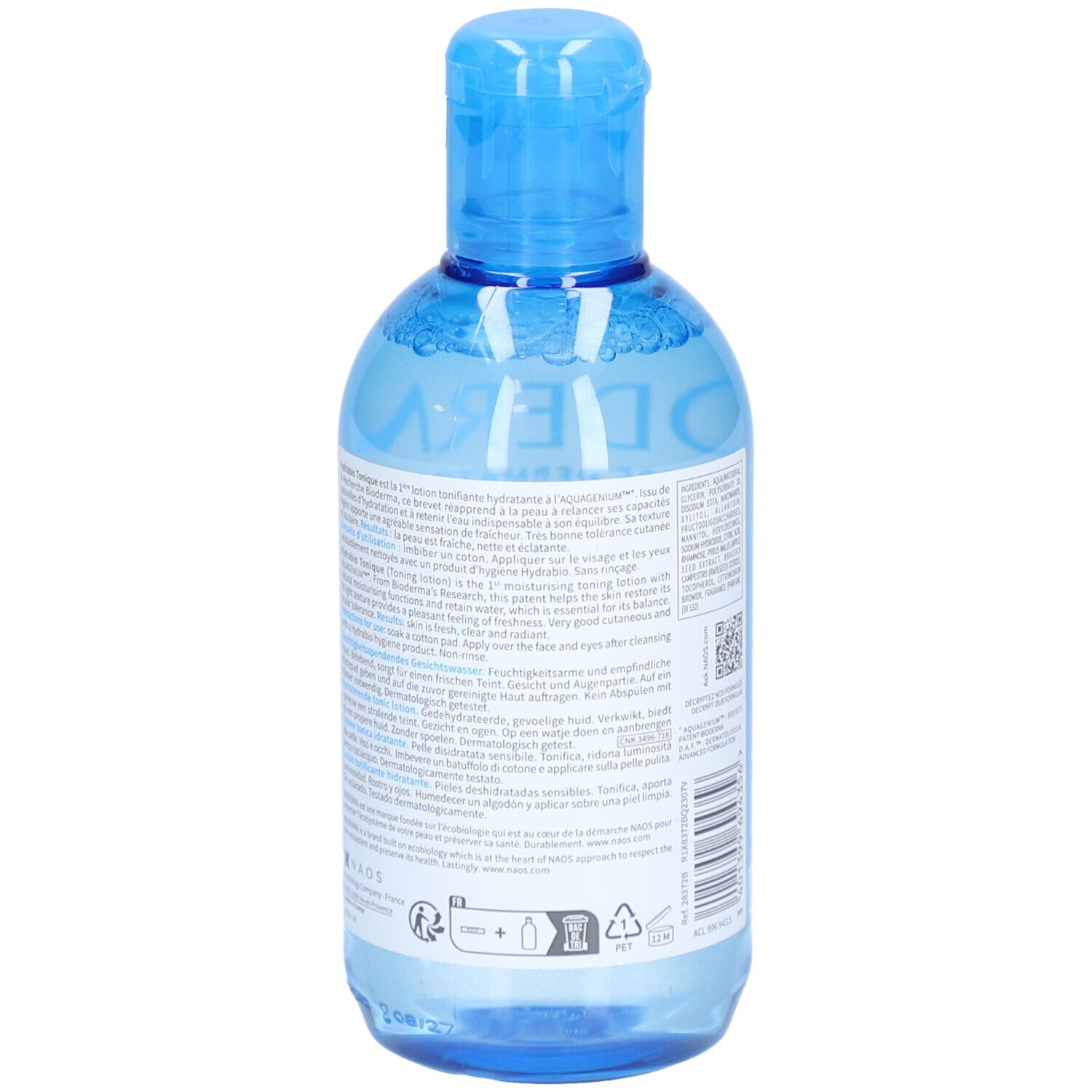 Dos du flacon bleu. Texte multilingue. Liquide transparent visible. Symboles de recyclage.