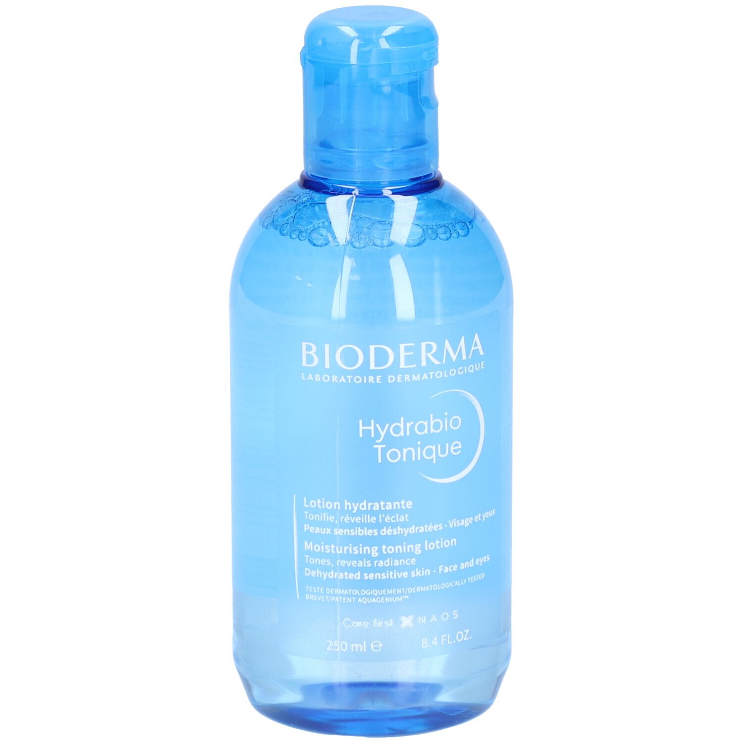 Flacon bleu transparent avec bouchon bleu. Inscription : BIODERMA, Hydrabio Tonique. Lotion hydratante. 250 ml.