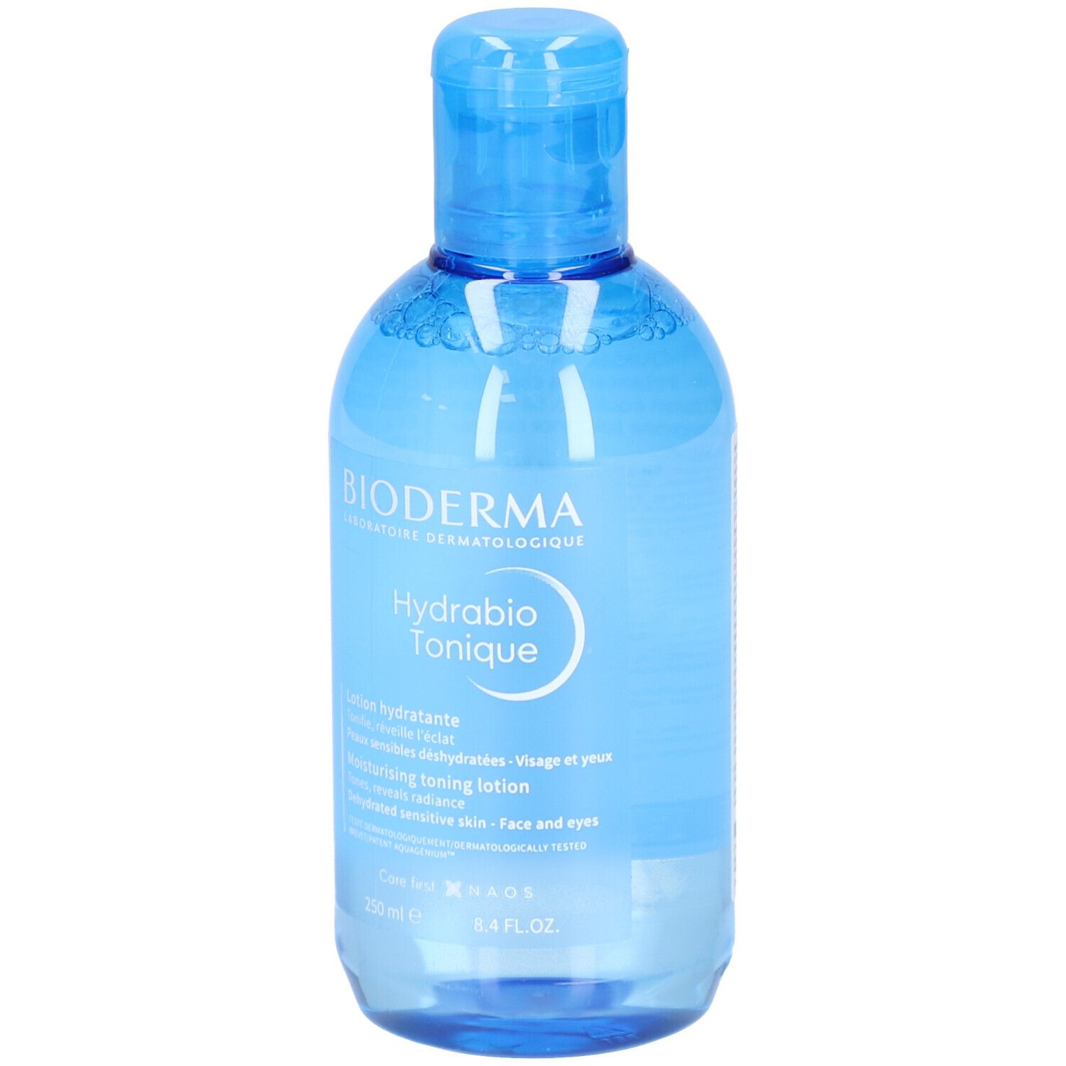 Flacon bleu transparent avec bouchon bleu. Inscription : BIODERMA, Hydrabio Tonique. Lotion hydratante. 250 ml.