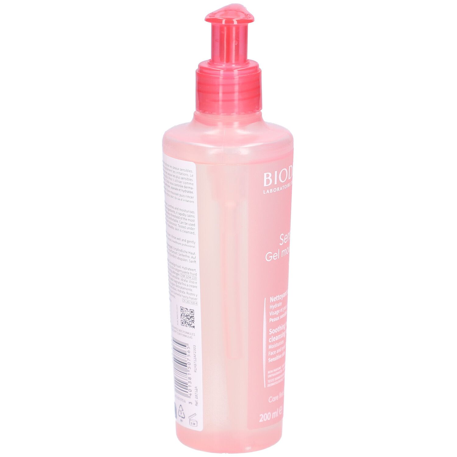 Flacon rose avec pompe doseuse. Dos avec texte. 200 ml.