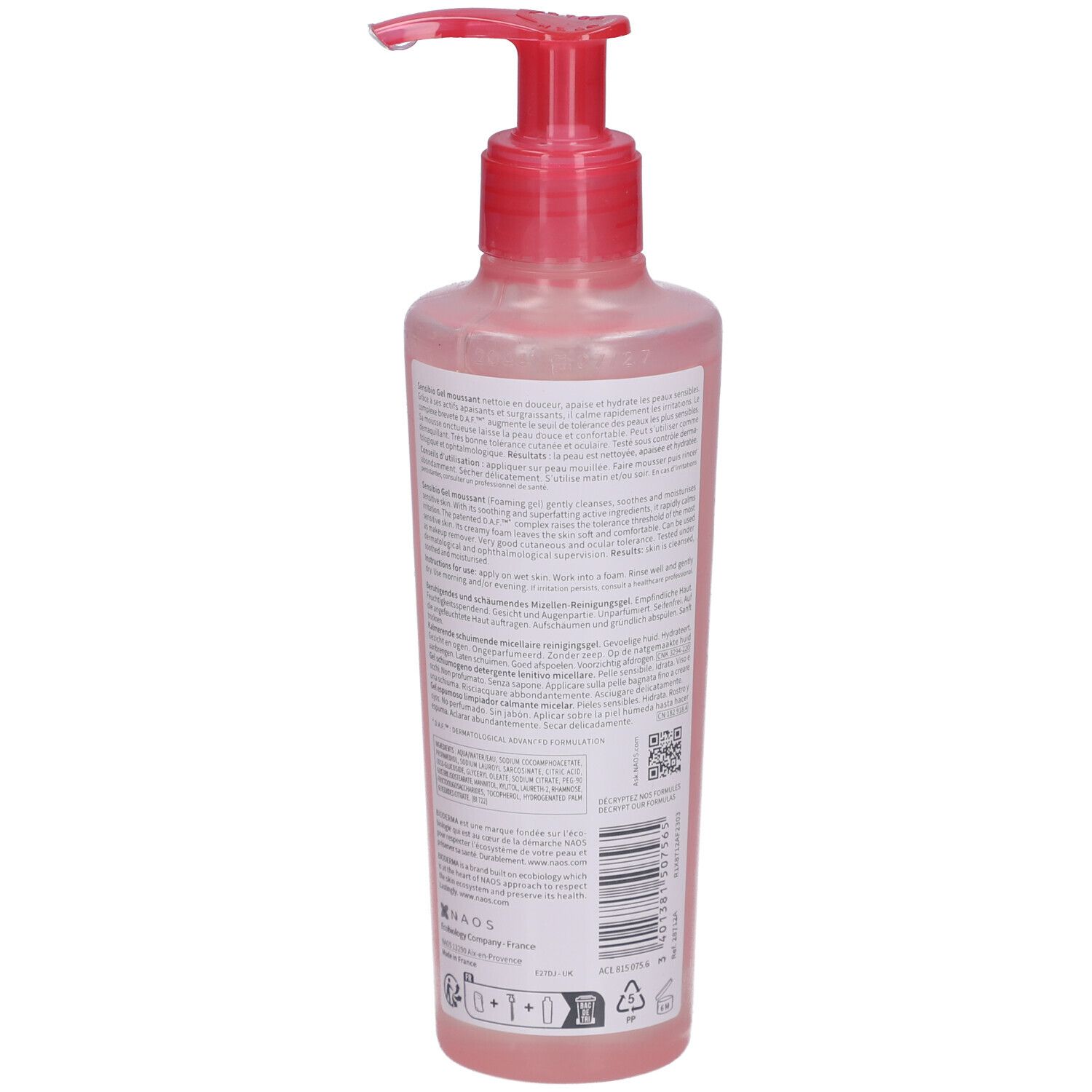 Flacon rose avec pompe doseuse. Dos avec texte et symboles. 200 ml.
