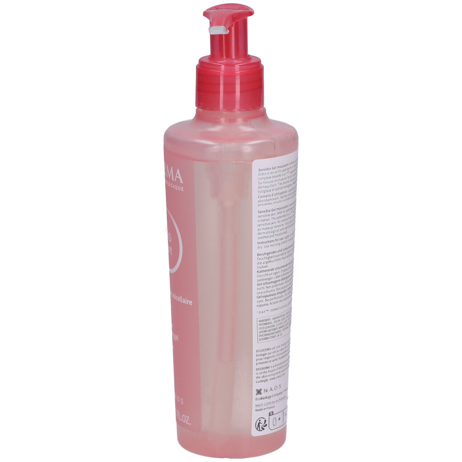 Flacon rose avec pompe doseuse. Dos avec texte. 200 ml.