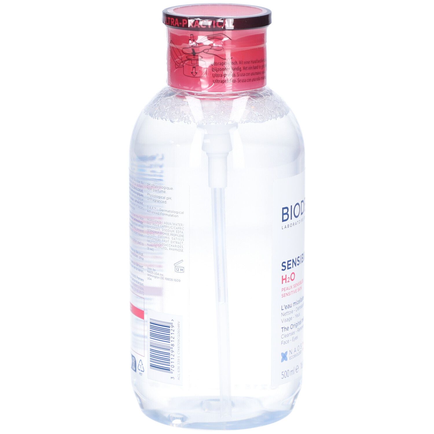 Durchsichtige Flasche mit rotem Deckel und weißer Pumpe. Barcode und QR-Code auf dem Etikett. Produkt: Mizellares Reinigungswasser.