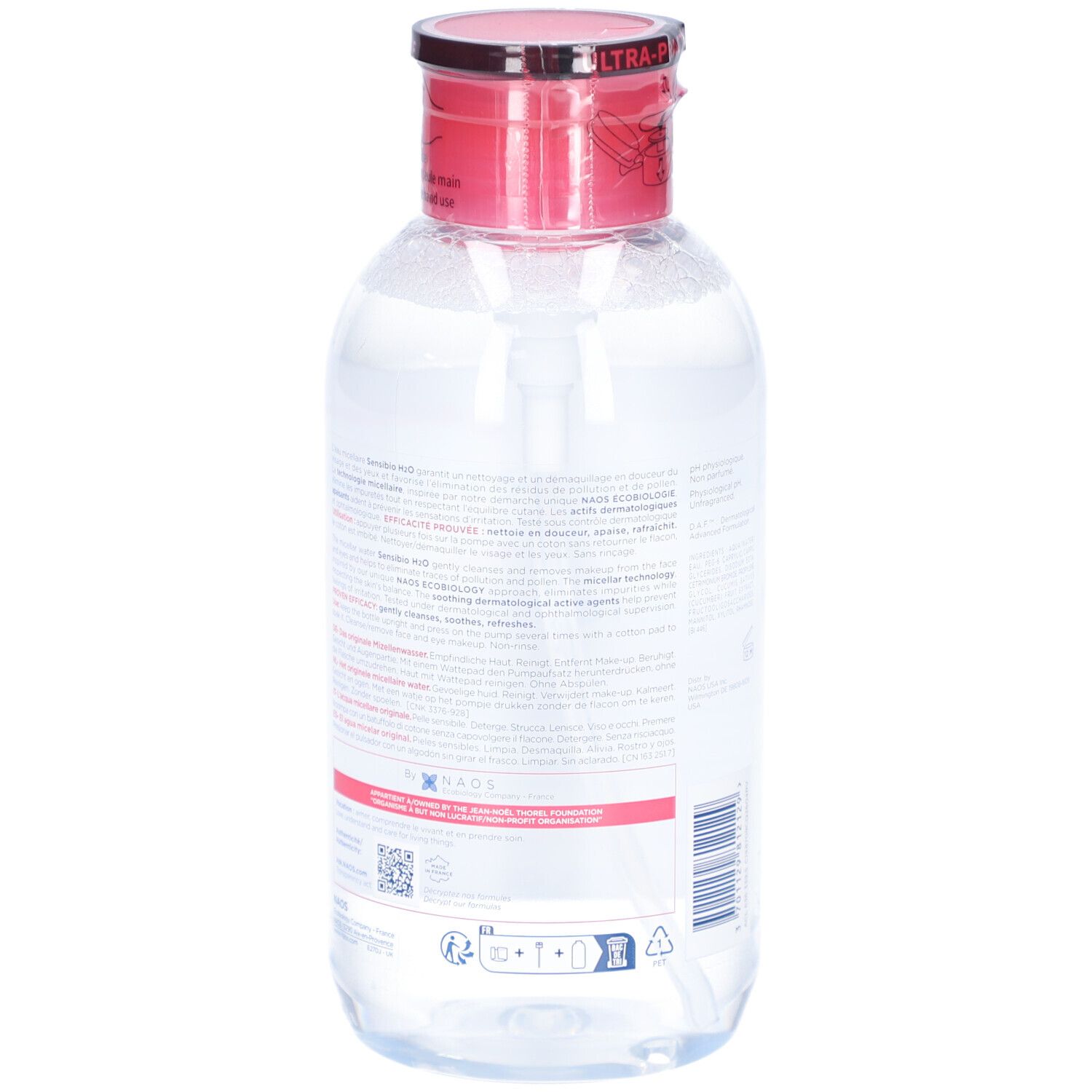 Durchsichtige Flasche mit rotem Deckel und weißer Pumpe. Rückseite mit Text. Produkt: Mizellares Reinigungswasser.